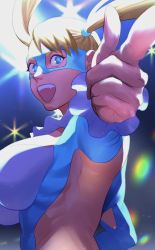 Rule 34 | 1girl, blonde hair, blue eyes, breasts, frills, highres, large breasts, o o soy, open mouth, outstretched arms, pointing, rainbow mika, solo, street fighter, street fighter v, twintails, upper body, wrestling outfit