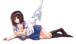 Rule 34 | 10s, 1girl, arm support, bad id, bad pixiv id, black hair, black socks, blue skirt, breasts, cleavage, collarbone, eyebrows, himeragi yukina, kneehighs, large breasts, lying, on side, open clothes, open shirt, pleated skirt, polearm, school uniform, shirt, simple background, skirt, socks, solo, spear, strike the blood, veilrain, weapon, white background, white shirt, yellow eyes