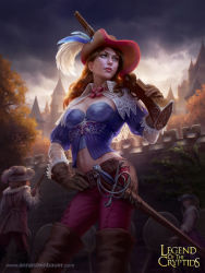 Rule 34 | 1girl, back, belt, blue eyes, boots, breasts, brown hair, capelet, cleavage, cloud, cloudy sky, copyright name, curly hair, depingo, faceless, faceless female, feathers, gloves, gun, hat, legend of the cryptids, long hair, midriff, musket, musketeer, navel, official art, sky, sword, tree, watermark, weapon, web address
