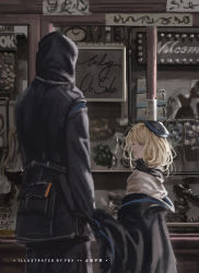 Rule 34 | 1girl, 1other, absurdres, arknights, artist name, black coat, black headwear, blonde hair, blue eyes, clock, closed mouth, coat, commentary, cup, doctor (arknights), drinking glass, durin (arknights), fengbuxiao, hat, highres, holding hands, hood, hood up, hooded coat, lips, long sleeves, looking at another, medium hair, off shoulder, shirt, sign, white shirt, wine glass