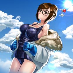 Rule 34 | 1girl, bare shoulders, beads, black-framed eyewear, blue coat, blue gloves, blue one-piece swimsuit, blue sky, breasts, cloud, cloudy sky, coat, collarbone, cowboy shot, day, fur-trimmed jacket, fur coat, fur trim, glasses, gloves, hair bun, hair ornament, hair stick, highres, jacket, large breasts, legs together, light rays, mei (overwatch), old school swimsuit, one-piece swimsuit, open clothes, open coat, overwatch, overwatch 1, parted lips, school swimsuit, short hair, sidelocks, single hair bun, skin tight, sky, snowflake hair ornament, solo, sun, sunlight, swept bangs, swimsuit, tanukimaso, undressing, winter clothes, winter coat