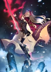 Rule 34 | 1girl, asymmetrical legwear, black thighhighs, blonde hair, breasts, buckle, cape, detached collar, earrings, ereshkigal (fate), fate/grand order, fate (series), floating, from side, fur-trimmed cape, fur trim, gold, gold trim, hair ribbon, high heels, highres, holding, holding weapon, jewelry, light, light particles, long hair, looking up, multicolored cape, multicolored clothes, nail polish, necklace, no-kan, open mouth, outdoors, parted bangs, purple nails, red cape, red eyes, red ribbon, ribbon, single thighhigh, skull, solo, thighhighs, tiara, twintails, two side up, uneven legwear, weapon, wind
