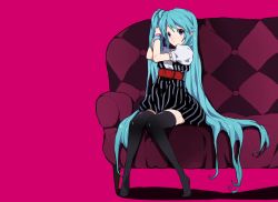 Rule 34 | 1girl, adjusting hair, aqua eyes, aqua hair, casual, couch, dress, female focus, full body, hatsune miku, legs, long hair, pipetto, short dress, side ponytail, simple background, sitting, solo, thighhighs, very long hair, vocaloid, world is mine (vocaloid), zettai ryouiki