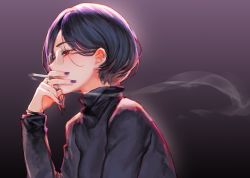 Rule 34 | 1girl, black sweater, cigarette, commentary request, ear piercing, fingernails, from side, glasses, hand up, holding, holding cigarette, izumi sai, long sleeves, nail polish, original, piercing, purple background, purple hair, purple nails, red eyes, rimless eyewear, short hair, smoke, smoking, solo, sweater