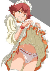 Rule 34 | 1boy, apron, bow, bowtie, bulge, character request, clenched teeth, clothes lift, copyright request, crossdressing, dokushibuki, dress, dress lift, frilled panties, frills, green eyes, highres, lifting own clothes, maid, maid apron, maid headdress, male focus, navel, orange bow, orange bowtie, panties, raised eyebrow, red hair, red wristband, short hair, solo, sweatdrop, teeth, thighhighs, trap, underwear, white panties, white thighhighs, wristband
