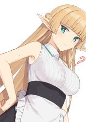 Rule 34 | 1girl, ?, apron, black skirt, blunt bangs, braid, breasts, closed mouth, dress, elf, elfenlied22, french braid, green eyes, highres, large breasts, long hair, looking at viewer, original, pointy ears, simple background, skirt, sleeveless, sleeveless dress, tira (elfenlied22), underbust, white apron, white background