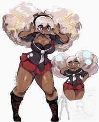 1girl afro afro_puffs bear_hair_ornament black_hairband black_headband blonde_hair breasts calf_boots citrusflower25 cleavage danganronpa_(series) danganronpa_another_episode:_ultra_despair_girls dark-skinned_female dark_skin female_focus grey_eyes hair_ornament hairband hands_up headband large_breasts multiple_views open_mouth pleated_skirt red_skirt second_generation_enoshima_junko signature simple_background skirt solo teeth thick_thighs thighs upper_teeth_only white_background