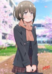 Rule 34 | 1girl, :t, azusagawa kaede, black jacket, blue sky, blurry, blurry background, blush, bow, briefcase, brown eyes, brown hair, brown scarf, brown skirt, building, closed mouth, cloud, commentary request, dated, day, depth of field, fringe trim, hair bow, holding, jacket, long sleeves, outdoors, pleated skirt, pout, red bow, revision, sakayaya, scarf, school briefcase, seishun buta yarou, signature, skirt, sky, solo, tree, v-shaped eyebrows
