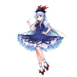 Rule 34 | 1girl, black footwear, blue dress, blue hair, blue headwear, bow, breasts, brown eyes, closed mouth, dress, footwear bow, frilled dress, frills, full body, game cg, hand on own hip, highres, index finger raised, kamishirasawa keine, large breasts, long hair, looking at viewer, multicolored hair, neckerchief, puffy short sleeves, puffy sleeves, red bow, red neckerchief, rotte (1109), short sleeves, sidelocks, simple background, socks, solo, third-party source, touhou, touhou lostword, two-tone hair, white background, white hair, white socks