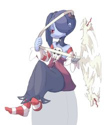 Rule 34 | 1girl, 4138, bad id, bad pixiv id, bare shoulders, blue hair, blue skin, closed mouth, colored skin, crossed legs, detached collar, detached sleeves, frown, hair over one eye, highres, leviathan (skullgirls), long skirt, red eyes, side ponytail, sitting, skirt, skull, skullgirls, socks, solo, spinning, squigly (skullgirls), stitched mouth, stitches, striped clothes, striped legwear, striped sleeves, striped socks, tears, zombie
