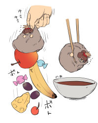Rule 34 | &gt; &lt;, 1boy, apple, banana, berry, black eyes, bowl, brown headwear, candy, cheese, chopsticks, cloak, closed eyes, covered mouth, disembodied hand, dropping, eyeliner, flying sweatdrops, food, fruit, fur cloak, fur hat, hat, hat feather, kenkon no washi, li sakura, looking away, looking down, makeup, male focus, mask, mouth mask, multiple views, nervous sweating, picking up, simple background, sweat, swiss cheese, white background
