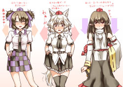 Rule 34 | 3girls, abo (hechouchou), alternate hairstyle, animal ears, ayaya~, black legwear, blush, brown hair, checkered clothes, checkered skirt, cosplay, costume switch, detached sleeves, female focus, frown, hand on own hip, hat, himekaidou hatate, himekaidou hatate (cosplay), inubashiri momiji, inubashiri momiji (cosplay), long hair, long skirt, miniskirt, multiple girls, necktie, nose blush, oversized clothes, pointy ears, pom pom (clothes), red eyes, shameimaru aya, shameimaru aya (cosplay), shirt, short hair, short twintails, skirt, tail, tears, thighhighs, tight clothes, tight shirt, tokin hat, touhou, translation request, twintails, undersized clothes, wavy hair, white hair, wolf ears, wolf tail