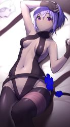 Rule 34 | 1girl, absurdres, bad id, bad pixiv id, black gloves, black thighhighs, breasts, center opening, dark-skinned female, dark skin, fate/grand order, fate/prototype, fate/prototype: fragments of blue and silver, fate (series), fingerless gloves, gloves, hassan of serenity (fate), highres, looking at viewer, lying, mask, unworn mask, medium breasts, navel, on back, purple eyes, purple hair, short hair, solo, takom, thighhighs