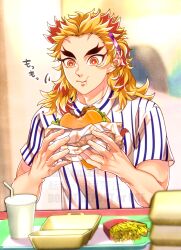 Rule 34 | 1boy, :t, blonde hair, burger, closed mouth, cup, desk, drinking straw, eating, food, forked eyebrows, french fries, hair ornament, holding, holding burger, holding food, kimetsu no yaiba, kina izu, long hair, male focus, multicolored hair, orange eyes, red hair, rengoku kyoujurou, shirt, solo, two-tone hair, white shirt