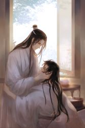 Rule 34 | 2boys, artist name, black hair, closed eyes, day, hand on another&#039;s cheek, hand on another&#039;s face, headband, indoors, lan wangji, long hair, looking at another, male focus, modao zushi, multiple boys, robe, smile, table, very long hair, watermark, wei wuxian, white headband, white robe, wide sleeves, window, yaoi, yun-afezeria