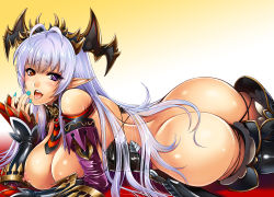 Rule 34 | 1girl, alternate skin color, antenna hair, ass, breasts, character request, elf, gen (genetrix), green nails, heterochromia, highres, large breasts, long hair, looking at viewer, lying, nail polish, nipples, on stomach, partially undressed, pointy ears, purple eyes, red eyes, sennen sensou aigis, sidelocks, silver hair, solo, tongue, tongue out, very long hair