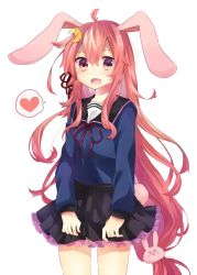 Rule 34 | 10s, 1girl, :d, animal ears, bad id, bad pixiv id, blush, rabbit hair ornament, crescent, crescent hair ornament, fang, frilled skirt, frills, hair ornament, heart, kantai collection, long hair, long sleeves, looking at viewer, low-tied long hair, neckerchief, open mouth, pink eyes, pink hair, pleated skirt, purple skirt, rabbit ears, rabbit tail, sailor collar, school uniform, serafuku, skirt, smile, solo, tail, uzuki (kancolle), very long hair, watase (abe), white background