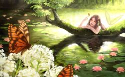 Rule 34 | 1girl, :d, branch, brown hair, bug, butterfly, butterfly on hand, completely nude, flower, highres, in water, insect, lily pad, long hair, lotus, mermaid, monster girl, nature, nude, nudist, open mouth, original, reflection, romiy, skinny dipping, smile, solo, swimming, water, yellow eyes, zenra