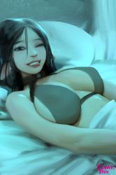 Rule 34 | 1girl, bed, bed invitation, bed sheet, bikini, black hair, breasts, cleavage, commentary, commentary request, elf, english commentary, gawk inn, highres, large breasts, lips, looking at viewer, lying, on back, on bed, one eye closed, original, pointy ears, solo, swimsuit, under covers