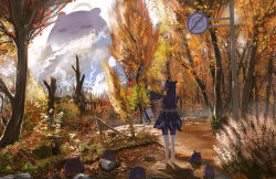 Rule 34 | 1girl, absurdres, advarcher, autumn, autumn leaves, bare tree, barefoot, book, floating, floating book, floating object, from behind, highres, hololive, hololive english, looking at viewer, mountain, ninomae ina&#039;nis, no symbol, palm tree, pointy ears, purple hair, scenery, shadow, smoke, solo, takodachi (ninomae ina&#039;nis), tentacle hair, translation request, tree, virtual youtuber, wide sleeves