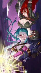 Rule 34 | absurdres, bare shoulders, belt, bikini, bikini top only, blue hair, blush, bra, braid, breasts, cleavage, fingerless gloves, flat chest, gloves, green eyes, gun, hairline, highres, jewelry, jinx (league of legends), katarina (league of legends), knife, league of legends, long hair, multiple girls, necklace, red hair, scar, smile, swimsuit, tattoo, twin braids, underwear, usually, very long hair, weapon