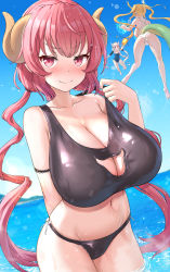 Rule 34 | 3girls, absurdres, ass, bikini, black bikini, blonde hair, blue one-piece swimsuit, blue sky, breasts, cleavage cutout, closed mouth, clothing cutout, cloud, collarbone, day, dragon girl, dragon horns, dragon tail, fang, fighting, flying, highres, horns, huge breasts, ilulu (maidragon), kanna kamui, kobayashi-san chi no maidragon, long hair, looking at viewer, low twintails, multiple girls, navel, ocean, one-piece swimsuit, oxenia, partially submerged, red eyes, red hair, skin fang, sky, smile, swimsuit, tail, tohru (maidragon), twintails, very long hair, wet