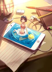 Rule 34 | 1girl, 270 (woshizongg), ball, bikini, book, bookmark, brown eyes, brown hair, cellphone, chinese commentary, duck innertube, earphones, eraser, goggles, highres, indoors, innertube, looking to the side, mini person, minigirl, original, paper, partially submerged, pen, pencil, phone, pink bikini, short hair, size difference, smartphone, solo, surreal, swim ring, swimsuit, table, through medium, through screen, water