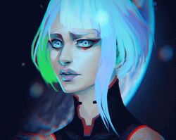 Rule 34 | 1girl, animated, animated gif, blue eyes, closed mouth, cropped shoulders, cyberpunk (series), cyberpunk 2077, cyberpunk edgerunners, light particles, lips, looking at viewer, lucy (cyberpunk), moon, short hair, smile, solo, vrihedd, white hair