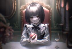 Rule 34 | 1girl, absurdres, apple, black hair, black ribbon, blunt bangs, bob cut, candle, candlestand, collared shirt, cup, drinking glass, food, frilled shirt collar, frills, fruit, highres, holding, holding food, holding fruit, indoors, long sleeves, looking at viewer, neck ribbon, original, parted lips, red eyes, ribbon, shirt, short hair, sitting, smile, solo, table, upper body, white shirt, wine glass, zyawatea1230