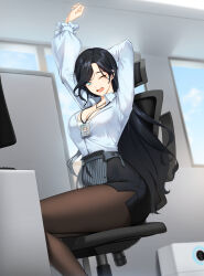 Rule 34 | 1girl, ;d, alternate hair color, arm behind head, arms up, black hair, black pantyhose, black skirt, blue eyes, blue shirt, blue sky, breasts, business suit, chair, cleavage, closers, cloud, collared shirt, day, dress shirt, feet out of frame, formal, frilled sleeves, frills, harpy (closers), highres, id card, indoors, jewelry, lanyard, large breasts, long hair, long sleeves, looking at viewer, miniskirt, mole, mole under eye, monitor, office, office chair, office lady, official art, on chair, one eye closed, open mouth, pantyhose, partially unbuttoned, pencil skirt, pendant, puffy long sleeves, puffy sleeves, shirt, shirt tucked in, shirt under shirt, side slit, sitting, skirt, skirt suit, sky, smile, solo, suit, swept bangs, swivel chair, teeth, upper teeth only, very long hair, white undershirt, window, yawning