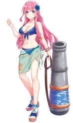 Rule 34 | 1girl, bikini, blue bikini, bracelet, breasts, cannon, flower, front-tie top, full body, hair flower, hair ornament, hibiscus, highres, holding, holding weapon, jewelry, large breasts, long hair, mole, mole under eye, nakatsu castle, navel, official art, pink hair, platform footwear, sandals, sarong, shirohime quest, sidelocks, smile, solo, swimsuit, transparent background, weapon