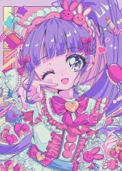 Rule 34 | 1girl, ;d, absurdres, animal print, blunt bangs, blush, bow, center frills, collared dress, cosmetics, dress, frilled dress, frills, hair brush, hand on own cheek, hand on own face, hand up, highres, holding, holding microphone, idol clothes, lipstick tube, lolita fashion, long hair, looking at viewer, maid headdress, makeup brush, manaka non, microphone, milon cas, nail polish, nail polish bottle, one eye closed, open mouth, pink bow, pink lips, pretty series, pripara, purple eyes, purple hair, purple nails, rabbit print, retro artstyle, side ponytail, smile, solo, sparkle, star (symbol), sweet lolita, very long hair, white dress