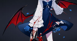 Rule 34 | 1girl, artist name, black background, blood, blood on clothes, blue dress, commentary, demon wings, dress, eyeball, head out of frame, highres, long sleeves, original, sheya, signature, simple background, solo, wide sleeves, wings
