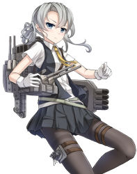 Rule 34 | 10s, 1girl, asymmetrical hair, black pantyhose, black skirt, collared shirt, flipped hair, gloves, grey eyes, highres, kantai collection, lanyard, leg up, looking at viewer, machinery, necktie, nowaki (kancolle), open clothes, open vest, pantyhose, pleated skirt, school uniform, shirt, silver hair, simple background, skirt, solo, swept bangs, thigh strap, thighband pantyhose, vest, white background, white gloves, yakob labo, yellow necktie