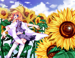 Rule 34 | 1girl, :d, ass, blonde hair, blue eyes, blush, cloud, cloudy sky, day, flower, hair ribbon, hat, hoozuki shia, japanese clothes, leaf, long sleeves, looking at viewer, looking back, moriya suwako, no panties, open mouth, outstretched arms, red ribbon, ribbon, sidelocks, skirt, skirt set, sky, smile, solo, spread arms, sunflower, sunlight, touhou, tress ribbon, vest, white legwear, wide sleeves