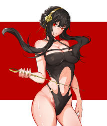 Rule 34 | 1girl, 444c (user mezz4285), absurdres, black hair, black one-piece swimsuit, breasts, cleavage, clothing cutout, dagger, floating hair, flower, gold hairband, hairband, highres, holding, holding dagger, holding knife, holding weapon, knife, large breasts, long hair, looking at viewer, navel, navel cutout, one-piece swimsuit, parted lips, red eyes, rose, sidelocks, solo, spikes, spy x family, stiletto (weapon), stomach, swimsuit, weapon, yor briar