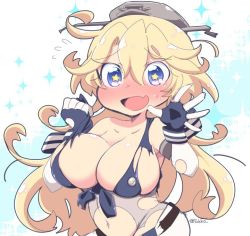 Rule 34 | 10s, 1girl, blonde hair, blue eyes, blush, breasts, cleavage, elbow gloves, fang, fingerless gloves, gloves, hair between eyes, headgear, iowa (kancolle), kantai collection, large breasts, long hair, navel, open mouth, solo, star-shaped pupils, star (symbol), symbol-shaped pupils, torn clothes, tsukko (3ki2ne10), twitter username
