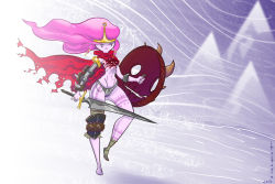 Rule 34 | adventure time, alternate costume, amazon warrior, colored skin, full body, gold trim, holding, holding sword, holding weapon, long hair, narrow waist, pink hair, princess bonnibel bubblegum, self-upload, shield, solo, sword, tattoo, toon (style), tribal tattoo, v-shaped eyebrows, very long hair, weapon, white background, wide hips