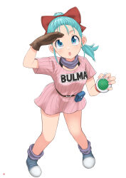 Rule 34 | 1girl, :o, absurdres, bare legs, blue eyes, blue hair, blush, bow, breasts, brown gloves, bulma, character name, clothes writing, commentary request, dragon ball, dragon ball (classic), dragon radar, dress, eyelashes, fingernails, from above, full body, gloves, hair bow, high ponytail, highres, long hair, medium breasts, nao suke, open mouth, pink dress, ponytail, red bow, short sleeves, signature, simple background, single glove, standing, striped, vertical stripes, white background