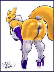 Rule 34 | 1girl, ass, bent over, breasts, chain, digimon, digimon (creature), elbow gloves, eyelashes, female focus, furry, gloves, gold chain, half-closed eyes, high heels, highres, huge ass, jewelry, large breasts, looking at viewer, looking back, necklace, platform footwear, platform heels, presenting, pussy, renamon, shoes, simple background, sligarthetiger, solo, standing, thick thighs, thighs, third-party edit, white background