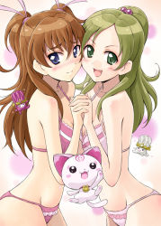 Rule 34 | 10s, 2girls, :3, :d, bikini, blue eyes, blush, blush stickers, bow, breasts, brown hair, cat, cheek-to-cheek, cleavage, cowboy shot, dory, facial mark, flying, forehead mark, frilled bikini, frills, gem, green eyes, green hair, hair between eyes, hair bobbles, hair ornament, hair ribbon, half updo, heads together, heart, holding hands, houjou hibiki, hummy (suite precure), jumping, light particles, light smile, long hair, looking at viewer, looking back, minamino kanade, multiple girls, open mouth, parted bangs, pink bikini, ponytail, precure, profile, purple eyes, rery, ribbon, satogo, sidelocks, small breasts, smile, standing, suite precure, swimsuit, twintails, two side up, yuri