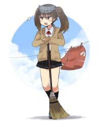 Rule 34 | 10s, 1girl, annin musou, bad id, bad twitter id, blue sky, broom, brown eyes, brown hair, clothesline, cloud, commentary request, day, hair between eyes, highres, holding, holding broom, jacket, unworn jacket, japanese clothes, kantai collection, kariginu, magatama, open mouth, pleated skirt, ryuujou (kancolle), ryuujou kai ni (kancolle), shikigami, shirt, sketch, skirt, sky, sleeves past wrists, solo, sweater, twintails, visor cap, white shirt