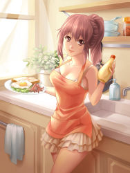 Rule 34 | 1girl, apron, bad id, bad pixiv id, bare shoulders, breasts, brown eyes, brown hair, chocofox, collarbone, colored eyelashes, food, food art, frilled skirt, frills, highres, long hair, looking at viewer, mayonnaise, miniskirt, open mouth, original, ponytail, short hair, skirt, solo, tako-san wiener, window