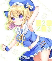 Rule 34 | arm behind head, arm up, armpits, azur lane, bare shoulders, beret, blonde hair, blue hat, blue serafuku, blue shirt, blue skirt, blush, bow, breasts, character name, colored shadow, crop top, drop shadow, frilled sailor collar, frills, hair between eyes, hat, hat bow, looking at viewer, medium breasts, midriff, neck ribbon, official alternate costume, parted lips, pleated skirt, purple eyes, ribbon, sailor collar, school uniform, serafuku, shadow, shikito (yawa0w0), shirt, skirt, sleeveless, sleeveless shirt, solo, white background, white bow, white sailor collar, wrist cuffs, yellow ribbon, z23 (azur lane), z23 (perfect smile?) (azur lane)