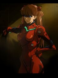 Rule 34 | 1girl, artist request, blue eyes, bodysuit, breasts, brown hair, curvy, gluteal fold, hand on own hip, highres, interface headset, legs together, long hair, medium breasts, neon genesis evangelion, pilot suit, plugsuit, red bodysuit, serious, shiny clothes, simple background, solo, souryuu asuka langley, stretching, tsundere, two side up, wall, wide hips
