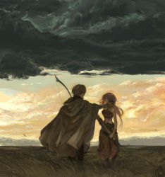 Rule 34 | 1boy, 1girl, arrow (projectile), bare shoulders, bow, cape, cloud, cloudy sky, crop top, dark clouds, grass, hand on another&#039;s cheek, hand on another&#039;s face, highres, long hair, mangetsu, midriff, navel, original, pants, quiver, short hair, sky, sleeveless, wind