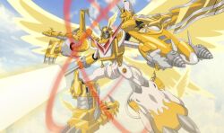Rule 34 | digimon, digimon (creature), drill, highres, shoutmon x7, shoutmon x7 superior mode, solo, sword, tail, weapon, wings