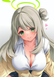 Rule 34 | 1girl, absurdres, awa yume, blue archive, blush, breasts, cleavage, closed mouth, clothes around waist, collarbone, green eyes, grey skirt, hair bun, halo, highres, jacket, jacket around waist, large breasts, light brown hair, long hair, looking at viewer, nonomi (blue archive), open clothes, open shirt, shirt, single side bun, skirt, smile, solo, white shirt