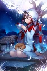 Rule 34 | 1girl, :3, big dipper, brown hair, cat, constellation, devil maker, closed eyes, japanese clothes, night, night sky, rheez, seiza, sitting, sky, solo, star (sky), starry sky, tree