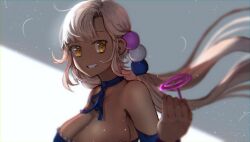 Rule 34 | 1girl, absurdres, advarcher, blonde hair, breasts, cleavage, commentary, dark-skinned female, dark skin, english commentary, grin, hair ornament, highres, hololive, hololive english, large breasts, limiter (tsukumo sana), long hair, looking at viewer, planet hair ornament, smile, solo, tsukumo sana, twintails, very long hair, virtual youtuber, yellow eyes